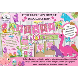 Kit Imprimible Candy Bar Dinosaurios Nena Rosa 100% Editable