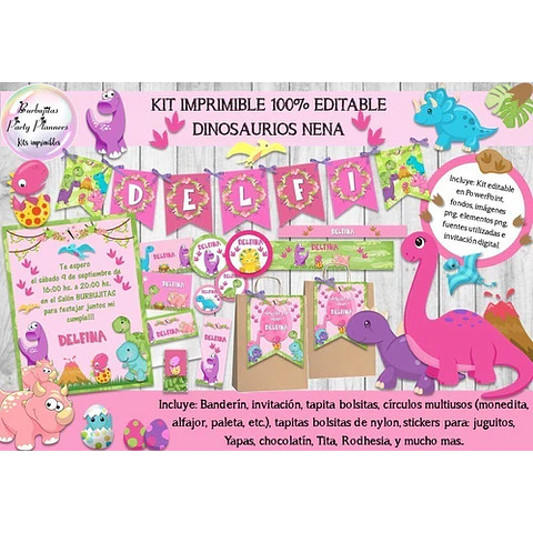 Kit Imprimible Candy Bar Dinosaurios Nena Rosa 100% Editable