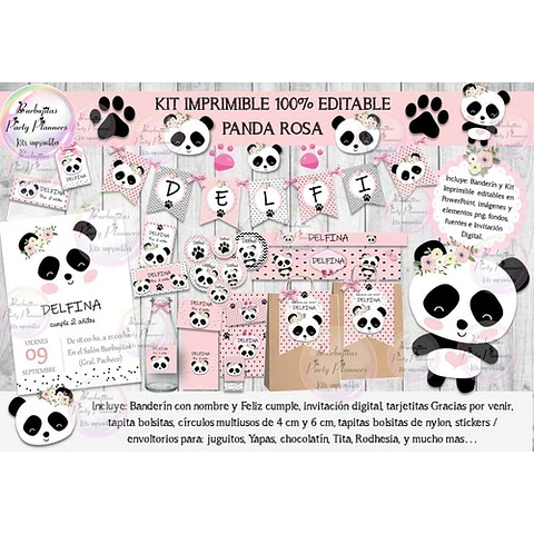 Kit Imprimible Candy Bar Panda Pandita Rosa 100% Editable