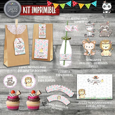 Kit Baby Shower Tiernos Animalitos Tribal Leoncita Osa Nena