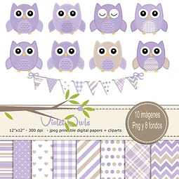Kit Imprimible Búhos Violeta - 10 Imágenes 8 Fondos 