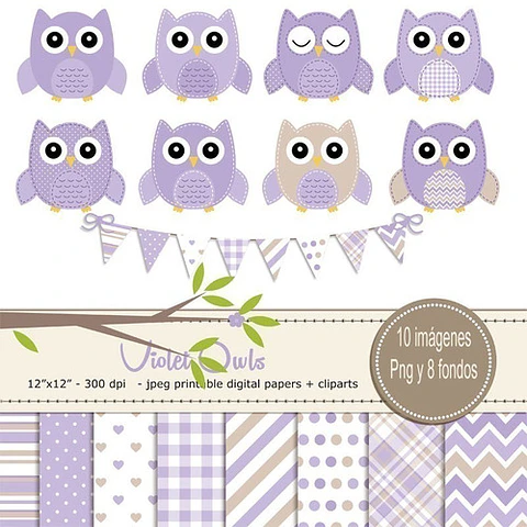 Kit Imprimible Búhos Violeta - 10 Imágenes 8 Fondos 