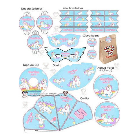 Kit Imprimible Unicornio Arcoiris Editable