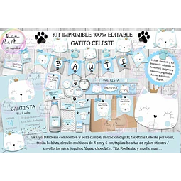 Kit Imprimible Candy Bar Gato Gatito Celeste 100% Editable