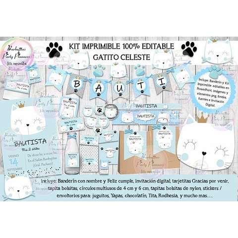 Kit Imprimible Candy Bar Gato Gatito Celeste 100% Editable