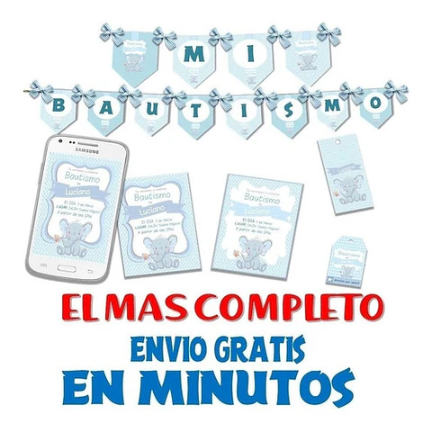 Kit Imprimible Candy Bar Bautismo Elefante Bebe Nene Full