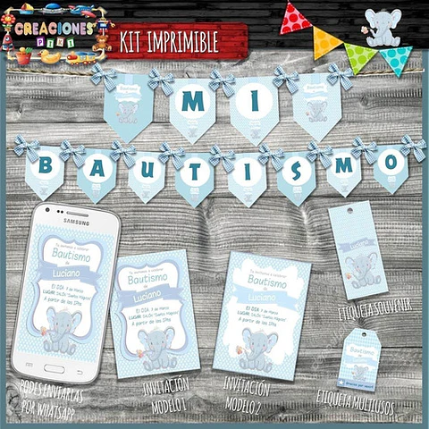 Kit Imprimible Candy Bar Bautismo Elefante Bebe Nene Full