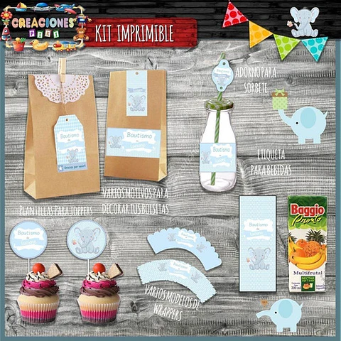 Kit Imprimible Candy Bar Bautismo Elefante Bebe Nene Full