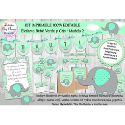 Kit Imprimible Candy Bar Elefante Verde Y Gris 2 Editable