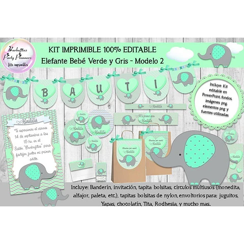 Kit Imprimible Candy Bar Elefante Verde Y Gris 2 Editable