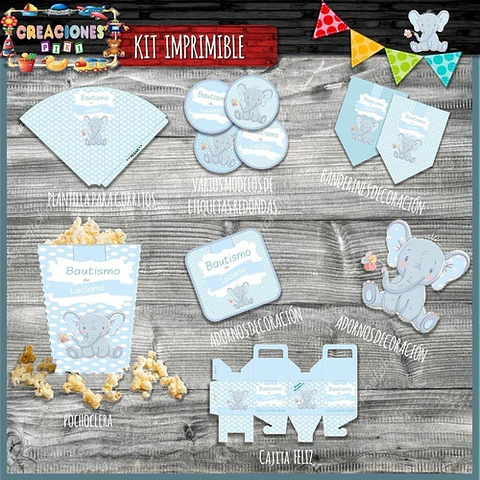 Kit Imprimible Candy Bar Bautismo Elefante Bebe Nene Full