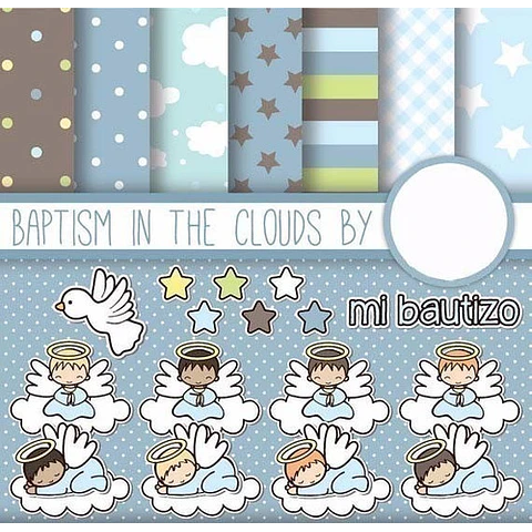 Kit Imprimible  Bautismo Celeste 1 -  7 Fondos Y 16 Imágenes