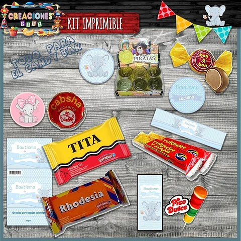 Kit Imprimible Candy Bar Bautismo Elefante Bebe Nene Full