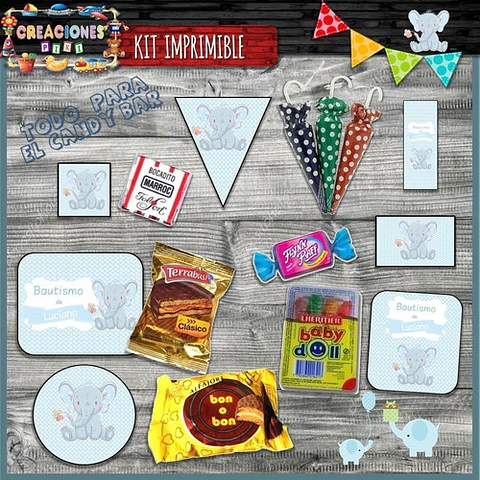 Kit Imprimible Candy Bar Bautismo Elefante Bebe Nene Full