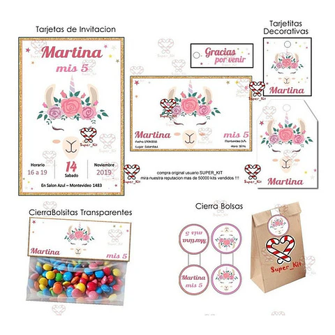 Kit Imprimible Llama Dorada Editable