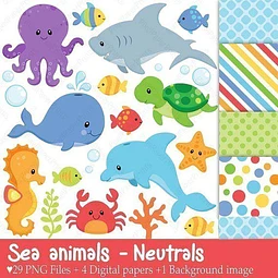 Kit Imprimible Animales Marinos 1- 30 Png 5 Fondos