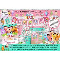 Kit Imprimible Candy Bar Bichi Kids Rosa 100% Editable