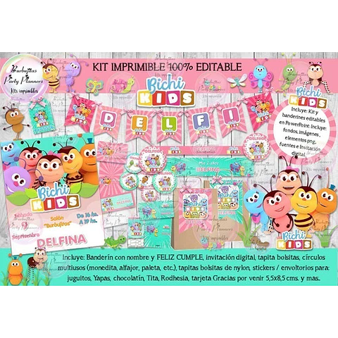 Kit Imprimible Candy Bar Bichi Kids Rosa 100% Editable