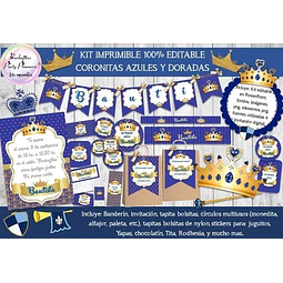 Kit Imprimible Coronas Azules Y Doradas 100% Editable