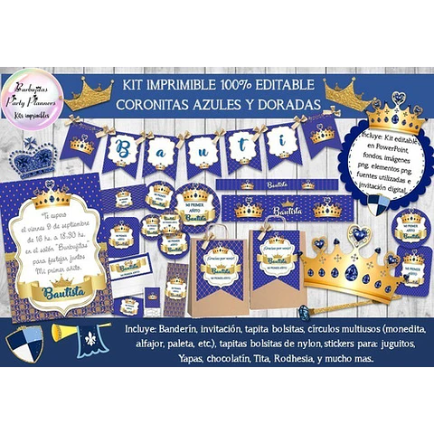 Kit Imprimible Coronas Azules Y Doradas 100% Editable