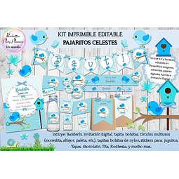 Kit Imprimible Candy Bar Pajaritos Celestes 100% Editable
