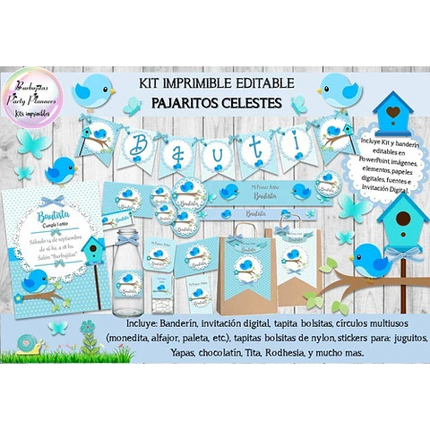 Kit Imprimible Candy Bar Pajaritos Celestes 100% Editable