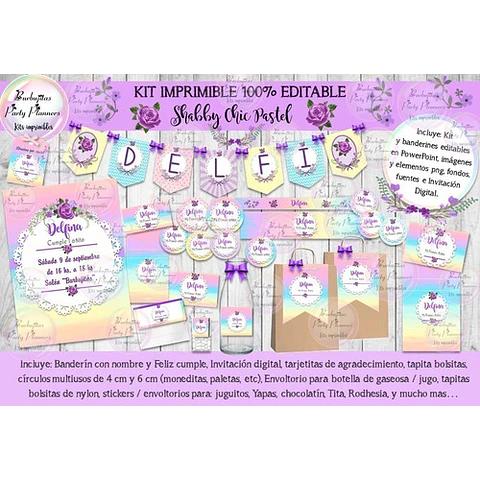 Kit Imprimible Candy Bar Shabby Chic Pastel 100% Editable