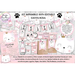 Kit Imprimible Candy Bar Gata Gatita Rosa 100% Editable
