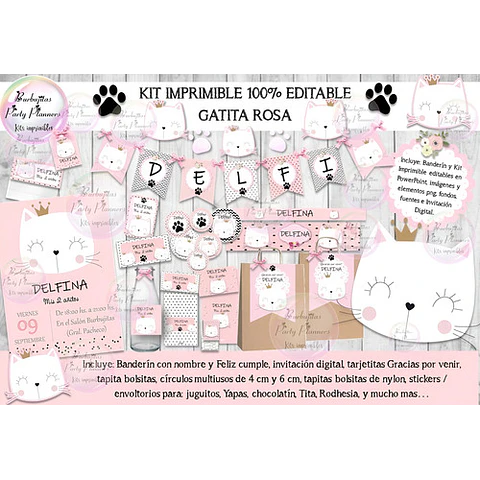 Kit Imprimible Candy Bar Gata Gatita Rosa 100% Editable