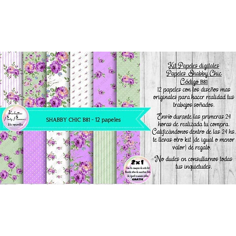 Papeles Digitales Shabby Chic Vintage Verde Y Lila B81