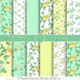 Kit Imprimible Verde Agua Y Amarillo 12 Fondos