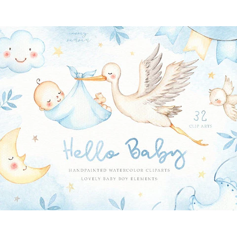 Cliparts Imagenes Png Cigüeña Y Bebe Varón Acuarela Es7