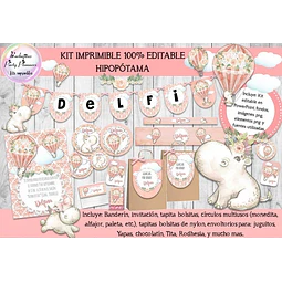 Kit Imprimible Hipopótama Shabby Chic Mod. 1 - 100% Editable
