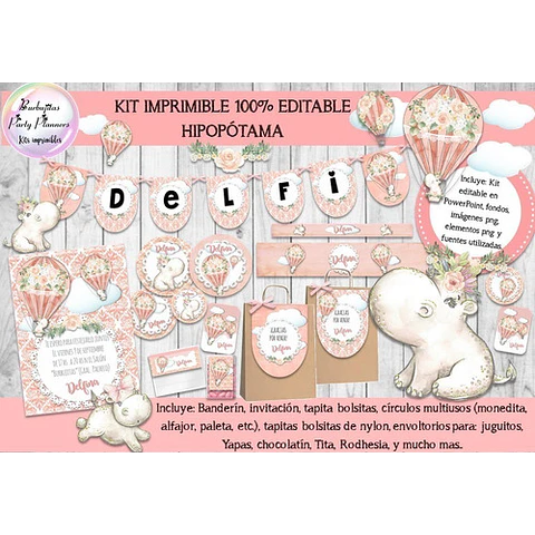 Kit Imprimible Hipopótama Shabby Chic Mod. 1 - 100% Editable