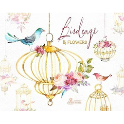 Cliparts Png Jaula Pajaritos Flores Acuarela Watercolor O3