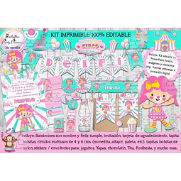 Kit Imprimible Candy Bar Circo Rosa Payasa 100% Editable