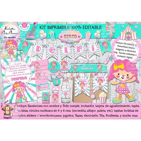 Kit Imprimible Candy Bar Circo Rosa Payasa 100% Editable