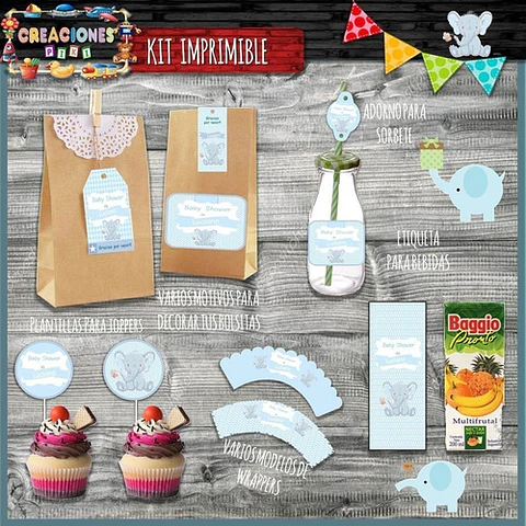 Kit Imprimible Candy Bar Baby Shower Elefante Bebe Nene Full