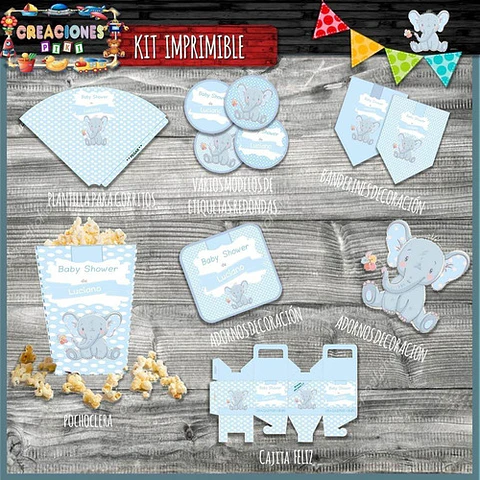 Kit Imprimible Candy Bar Baby Shower Elefante Bebe Nene Full