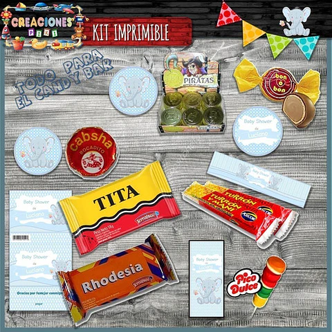 Kit Imprimible Candy Bar Baby Shower Elefante Bebe Nene Full
