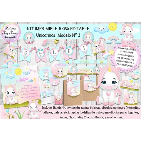 Kit Imprimible Candy Bar Unicornio Modelo 3 100% Editable