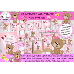 Kit Imprimible Candy Bar Osa Osita Bebé Rosa 100% Editable