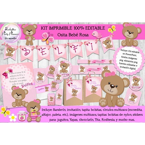 Kit Imprimible Candy Bar Osa Osita Bebé Rosa 100% Editable