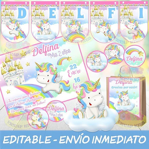 Kit Imprimible Unicornio Nubecita Arco Iris Editable Candy