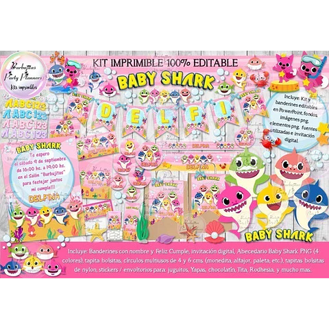 Kit Imprimible Candy Bar Baby Shark Rosa 100% Editable