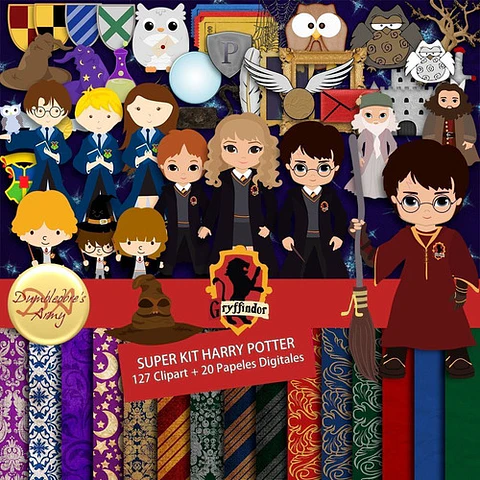 Kit Digital Cliparts + Papeles Digitales Harry Potter