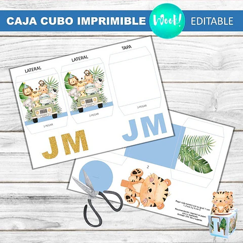 Kit Imprimible Caja Cubo Safari Celeste Editable