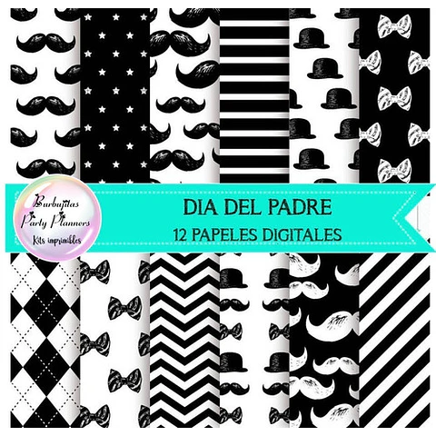 Papeles Digitales Blanco Negro Dia Del Padre Bigote Moño P1