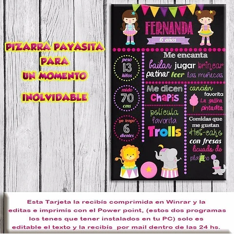 Tarjeta Pizarra Imprimible Editable Payasitas