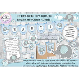Kit Imprimible Elefante Bebé Celeste Mod.1 100% Editable